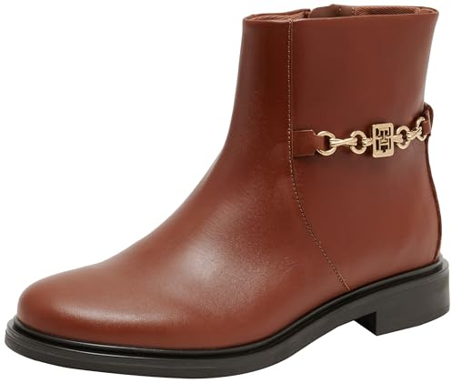 Tommy Hilfiger Bottes Femme Chain Low Bootie en Cuir, Marron (Cognac Brown), 41