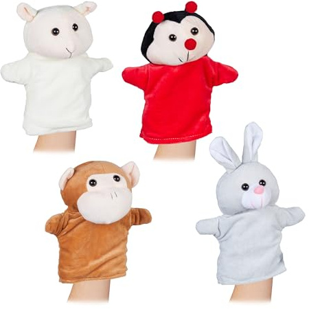 Relaxdays Marionnette à Main, en Lot de 4, Singe, Lapin, Coccinelle, Mouton, Toute Douce, pour Enfant, Multicolore