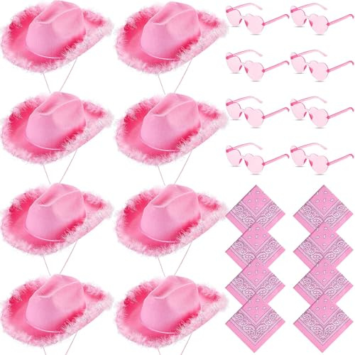 ASMIZ 24 Pack Pink Cowgirl Hats Bulk for Women Multipack, Fluffy Feather Cowboy Hat with Paisley Bandana and Heart Sunglasses for Wedding Hen Party, Birthday Party, Fancy Dress Accessories