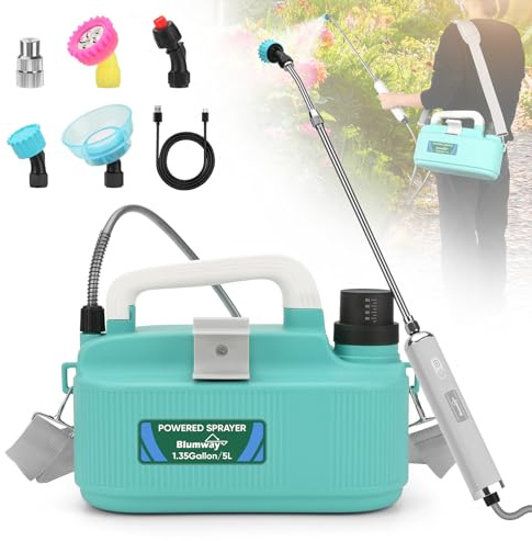 BlumWay sladdlös spruta 1,35 gallon, kraftfull elektrisk spruta med 5 dimmunstycken, uppladdningsbart handtag, 4 000 mAh, trädgårdsspruta med justerbar axelrem för gräsmatta / trädgård