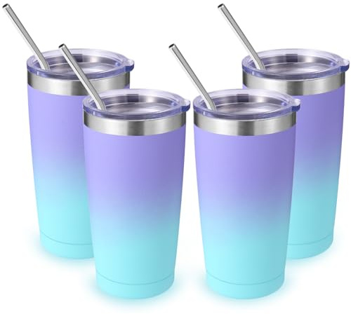 Volhoply 550 ml reseisolerat glas med lock och sugrör storpack 4-pack, dubbelvägg rostfritt stål kaffemugg passar mugghållare, pulverlackerade koppar för kalla drycker, BPA-fri (lila blå, 4 set)
