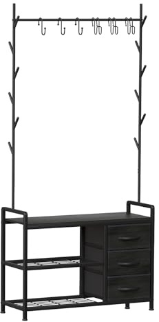 Free Standing Coat Rack Rustic Hall Tree 33x12x69.3 Black Wood Veins | Leader Accessories metal coat stand with storage drawer 6 S-Hooks coat hat boot stand for hallway entryway cloakroom
