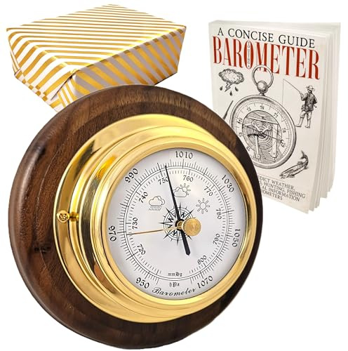 Barometer Gift-Wrapped With Book Weather Forcast Home Indoor Brass on Walnut Wood