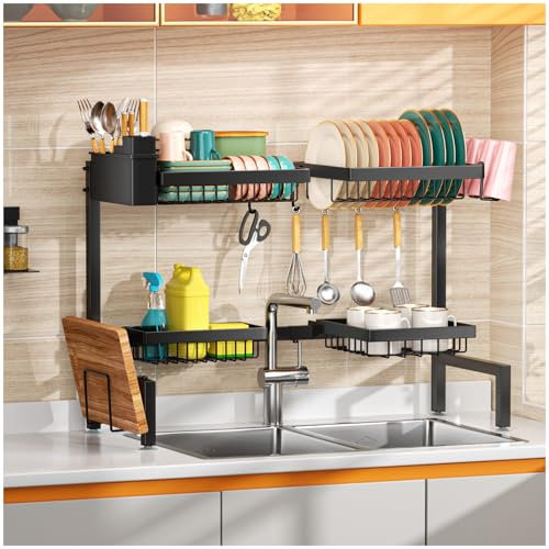 Casavibe Dish Drainer Rack - Over Sink Dish Drainer Rack, Drying Rack for Kitchen, Dish Rack Suitable for Family, 4 Baskets Expandable (24.8-35.4) with 5 Hooks, Large Dish Drying Rack, Black