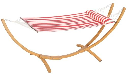Outsunny Hängmatta på 1-sits, hängmatta med trästativ, huvudkudde, bomullssäng, för utomhusterrass, pool, röda och vita ränder
