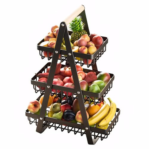 Kongming Black Fruit Basket,Detachable Metal Fruit Bowl Holder with Handle,Portable Modern Countertop Vegetable Rack for Bread Storage,Kitchen Storage & Organisation in Home,Kitchen,Office (3 Tier)