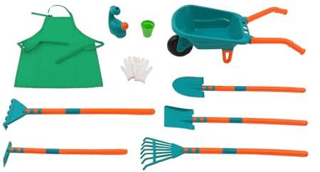 LIKARVA Kids Wheelbarrow with Garden Tool Set, 10 Pcs Outdoor Garden Kit for Toddlers & Children Ages 3+, Includes Wheelbarrow, Watering Can, Gloves, Apron Children's Gardening Tool Set