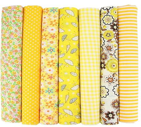 Yuiturt 7-pack bomullstyg 50 x 50 cm – gult tyg för lapptäcke, quiltning, sömnad och pysselprojekt, olika mönster