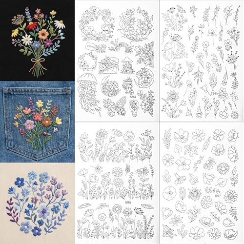 Falzqq 4 hojas de patrones de bordado solubles en agua, estabilizadores, diseños de flores y hojas preimpresos, transferencia de papel de bordado para los entusiastas de la costura a mano y