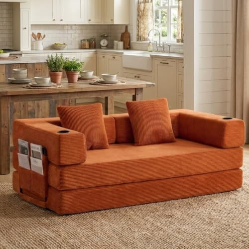 KOMHTOM Canapé-Lit Convertible Modulaire en Velours Côtelé, Canapé 3 Places, DIY Libre, Structure Métal, Porte-Gobelet et Rangement pour Petit Espace et Salon (Orange)