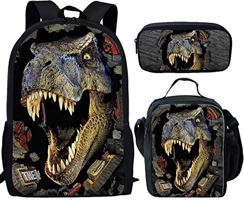 HUGS IDEA T-rex Dinosaur Backpack Teen Boys School Book Bag with Lunch Box Pen Case 3 in 1 Children Rucksack for Kids 6-8 Portable Lunch Bag for Elementary Students