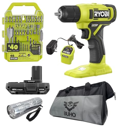 Drill Set Bundle with Ryobi 18V Cordless Drill, 1.5 Ah Lithium-ion Battery, 18-Volt Battery Charger, 40 Piece Multipurpose Drill Bits, and Buho 16 Inch Tool Bag with Outside Pockets