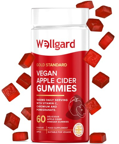 Wellgard Vegan Apple Cider Vinegar Gummies, Gold Standard 1000mg ACV Gummies with Vitamin C, Chromium and Pomegranate, Non-GMO, Gluten-Free & Gelatine-Free
