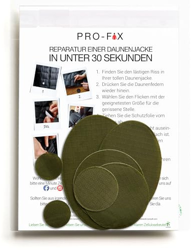 DJR Pro-Fix reparationslappar för dunjackor: Lätt att använda, förklippt, självhäftande, vattentätt tyg, rivbeständigt rip-Stop nylontyg för kläder, dunjacklappar, utomhusutrustning - olivgrön