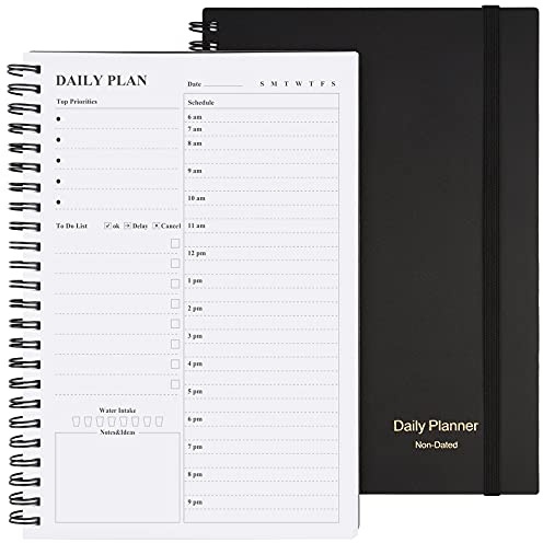 Daily Planner Undated, Asten To Do List Notebook Hourly Schedules Spiral Appointment Planner for Men and Women,PVC Hardcover,Elastic Closure, Inner Pocket 8.3 x 5.8 (Black)