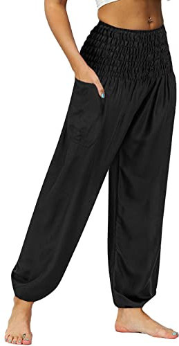 Nuofengkudu Männer Hippie High Waist Haremshose Leicht Pumphose Harem Hosen Locker Schlicht Baggy Boho Viskose Pluderhose Yoga Pants Sommerhose Freizeithose Pyjamahose Thaihose Homewear Schwarz 2XL