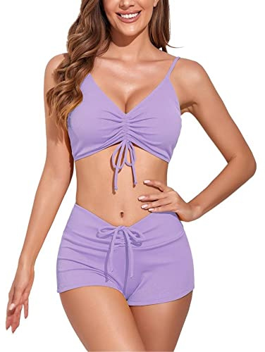 Meioro Solid baddräkt bikiniset för kvinnor kort bikiniset med rosett framtill tvådelade strandkläder atletiska baddräkter, Lila, XL