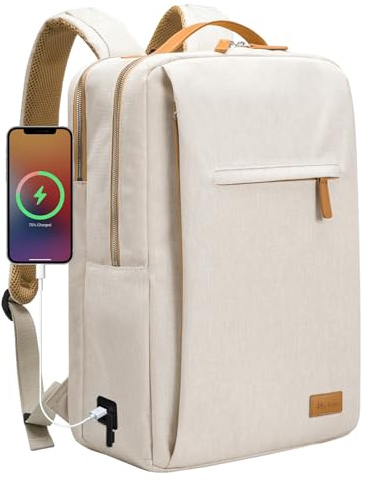 Hp hope Laptop Backpack for Women Travel, Durable Backpacks Carry On, with USB Charging Port, Fits 15.6 Inch Laptop, Waterproof, Resistant Luggage Business Weekender Bag, Beige