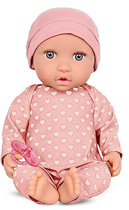 LullaBaby LBY7223Z 14-tums realistisk rättvis hudton och grå ögon – mjuk kropp och avtagbar outfit pacifier tillbehör – leksaker för barn ålder 2 & upp – babydocka – rosa hjärttryck pyjamas, multi