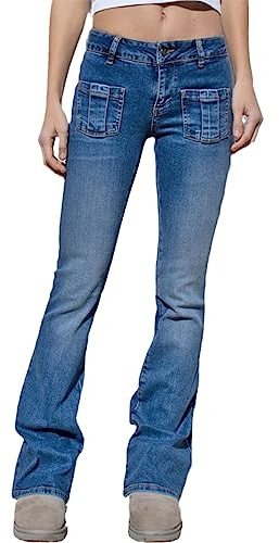 XUSAI Pantalones Vaqueros de Tiro bajo Vintage Y2k para Mujer con Corte de Bota y Diamantes de imitación de Estrella,Azul,M