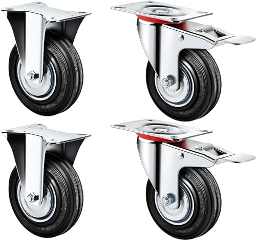 Kippen 1603BX - Set di 4 Ruote Industriali Diametro 100 mm. Composto da 2 Ruote con Piastra Fissa + 2 Ruote con Piastra Girevole e Freno)