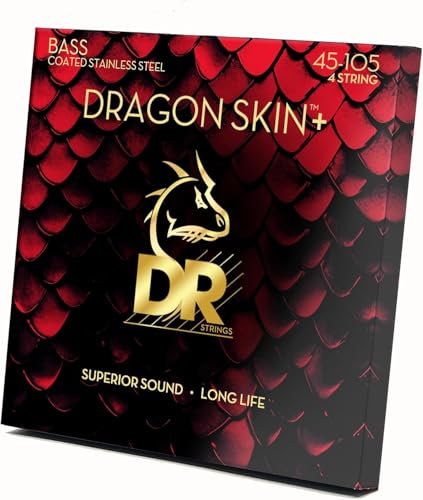 DR Strings DRAGON SKIN+ (DBS-45) – Saiten für E-Bass, 4-Saiter Set, Stainless Steel, Round Core, Medium 45-105 - Handgefertigt in den USA
