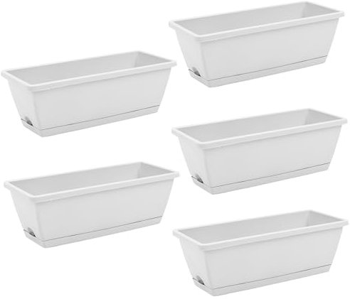 The Fellie 5 PCS Large Garden Planter Plastic Trough With Drainage Holes & Tray, Outdoor Rectangle Long Planter For Windowsill & Balcony, Vegetable Plant Pot For Succulent & Herbs, Pale 42.5*17*15CM