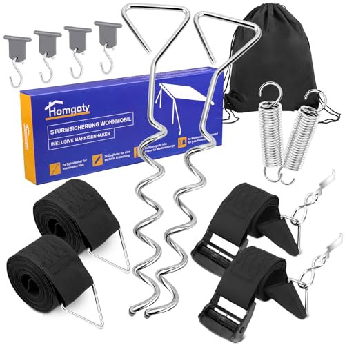Homgaty Juego de toldos para Thule Omnistor (incluye 4 ganchos para barra de refuerzo), protección contra tormentas para toldo y accesorios para autocaravanas, caravanas, kit lateral con cuerda de