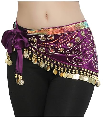 Frauen Bauchtanz Hüfttuch Hüfttuch, Rave-Kostüm Glitzerrock Bauchtanz Kostüm Gürtel Dreieck Wickelrock Tanztuch mit Münzen Tanz Rock Orientalischer Tanz Damen Karneval-Rave-Outfit (Purple, One Size)