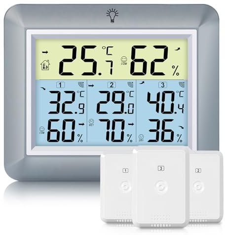 Urageuxy Stazione meteo radio con 3 sensori esterni, stazione meteo con portata di 100 m, termometro digitale igrometro con retroilluminazione, registrazione MIN/MAX, facile da usare (grigio)