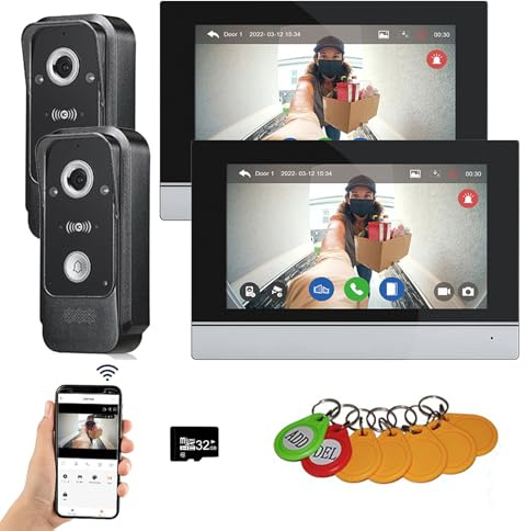 Sistema de intercomunicación de vídeo con cable Tuya WiFi 7 pulgadas de pantalla táctil 1080P Timbre de la puerta inteligente Tuya APP Kit de intercomunicación (2 Timbre+2 Monitor)