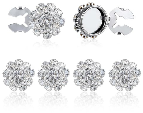 4 PCS Rhinestone Buttons Covers for Women, Button Covers Diamond Round Decorative Metal Detachable Button Decorative Clips for Blouses Clothing DIY Dress Embellishments (Sliver)