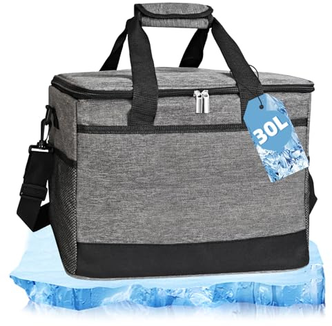 Corpower Kühltasche 30L, Tragbar Kühltasche Faltbar Groß Picknicktasche, Thermotasche für Einkaufen Auto Büro Camping Outdoor Reisen Lebensmitteltransport Proviant Familie Strand Grillen, Dunkelgrau