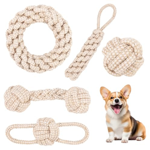 5 Stück Hundespielzeug Seil,Seilspielzeug für Kleine Hunde,Hundespielzeug Seil mit Knoten Ball,Geflochtene Hundeseile Spielzeug aus Baumwolle & Hanf,Baumwolle Interaktives Kauspielzeug für Welpen, Kle