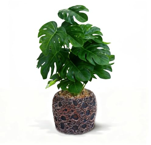 mawmuaw Artificial Plants Monstera 30 cm Fake Plants Artificial Faux Plant Green with Stone Pot for Indoor Outdoor Home Office Balcony Room Bathroom Desk Coffee Table Windowsill Decoration