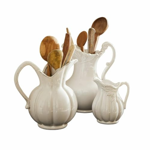 Loberon Lucanera Set di 3 brocche - in Terracotta - Finitura Lucida, Bianco | Tre misure, look nostalgico, finitura lucida, ornamento elegante, look classico, decorazione