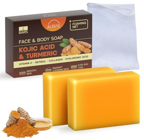 Kojic Acid Soap & Turmeric Soap for Dark Spots, Skin Brightening & Hydrating – Gentle for Face & Body – With Vitamin C, Retinol, Collagen & Hyaluronic Acid – Paraben & SLS Free – (3.5oz x 2 Bars)
