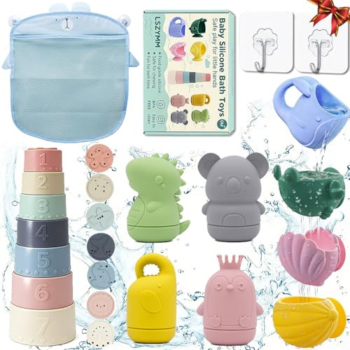 Jouets de Bain Bébé Silicone 0+ Ans,Set Silicone Alimentaire, Gobelets Empilables Sensoriels, Animaux Aspergeurs à Ventouse, Jeux de Bain Jouets de Douche de Bébé Jouet Piscine Jouets Flottants