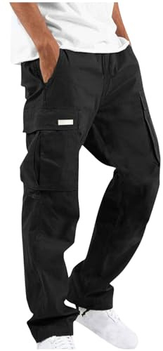 Mens Cargo Trousers Elasticated Waist Combat Trouser Cotton Stretchy Drawstring Track Bottom Sweatpants Tactical Pants Jogging Bottoms for Men Hiking Running Loungepants Outdoor Workwear Black