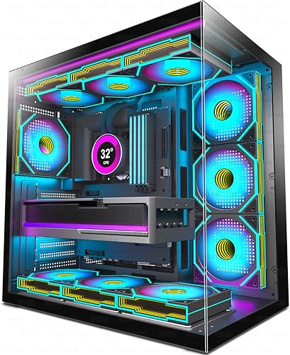 HYXN H1 Caja PC ATX – Preinstalado con 7 Ventiladores Infinity Mirror PWM ARGB, Doble cámara, Media Torre para Gaming, con Tipo C, instalación simultánea de 3 radiadores de 360 mm (Negro-M, H1)