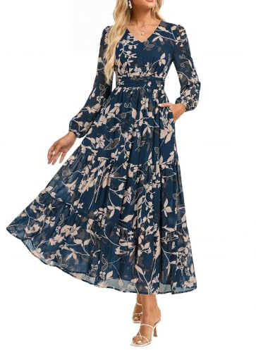GRACE KARIN Women's A-line Maxi Dress Summer Floral Wedding Guest Dresses | Long Sleeve V-neck Chiffon Dress with Pockets, Zip Up, Shirred Back Waist, Wedding Party Holiday Dresses for Women UK