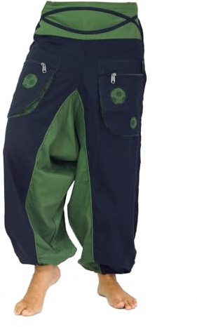 GURU SHOP Pantaloni Harem Pantaloni A Spirale In Aladdin Con Tubo Flessibile Pumphose Aladdin, Nero/Verde, Cotone, Dimensione Indumenti:M (38), Pantaloni Pluderhosen E Aladin