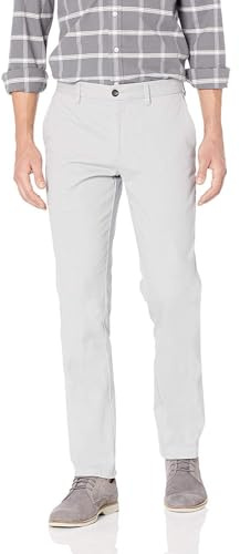 Amazon Essentials Pantaloni Chino da Lavoro a Vestibilità Aderente Anti-Piega e Senza Pince Uomo, Grigio, 40W / 34L