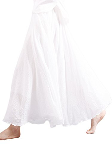 Camilady Damen-Langrock aus Baumwolle, Tellerrock, Maxirock, doppelt genäht, elastische Taille, einfarbig – Weiß – Größe L