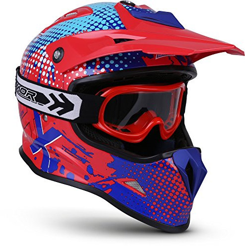 SOXON® SKC-33 Set „Fusion Red Blue“ · Kinder Cross-Helm · Motorrad-Helm MX Cross-Helm MTB BMX Cross-Bike Downhill Off-Road Sport · ECE 22.05 Schnellverschluss SlimShell Tasche S (53-54cm)