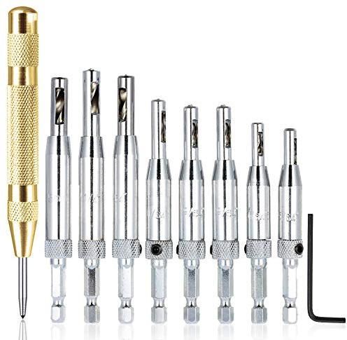 AFUNTA 8 pcs Center Drill Bit Sets with Automatic Center Punch, Self Centering Hinge Tapper Core Hole Puncher Woodworking Tools for Cabinet Door 5/64'' 7/64'' 9/64'' 11/64'' 13/64'' 5mm 1/4''