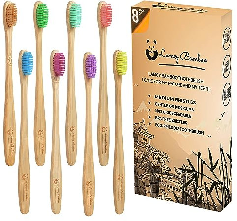Lamcy Bamboo Toothbrushes for Adults with Medium Bristles | Pack of 8 Natural Bamboo Toothbrush | Eco-Friendly Natural Wooden Toothbrush | Organic Biodegradable Handle | BPA Free Tooth Brushes