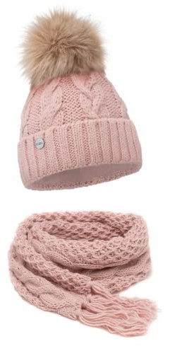 ELIMELI® Winter Mütze Schal Set Damenmütze mit Fell-Bommel Fleece Innenfutter - 2-teilig Damen Winterset - Wintermütze und passender Schal Damenschal- Strickmütze gefüttert - Made in EU (rosa)