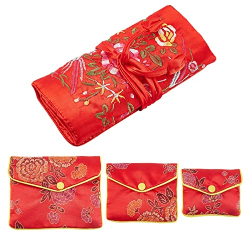 AHANDMAKER 4 Pcs Jewelry Silk Purse Pouchs, 4 Styles Vintage Flower Embroidery Damask Cloth Roll Chinese Style Brocade Organizer with Snap Button and Zipper Small Gift Bags for Travel Storage Jewelry