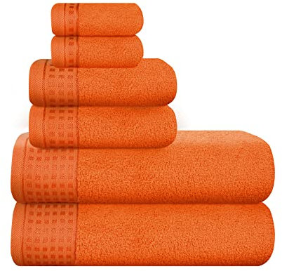 GLAMBURG Ultra Soft 6er-Pack Baumwoll-Handtuch-Set, enthält 2 übergroße Badetücher 70 x 140 cm, 2 Handtücher 40 x 60 cm und 2 Waschbetten 30 x 30 cm, Umweltfreundlich und 100% recycelbar, Orange
